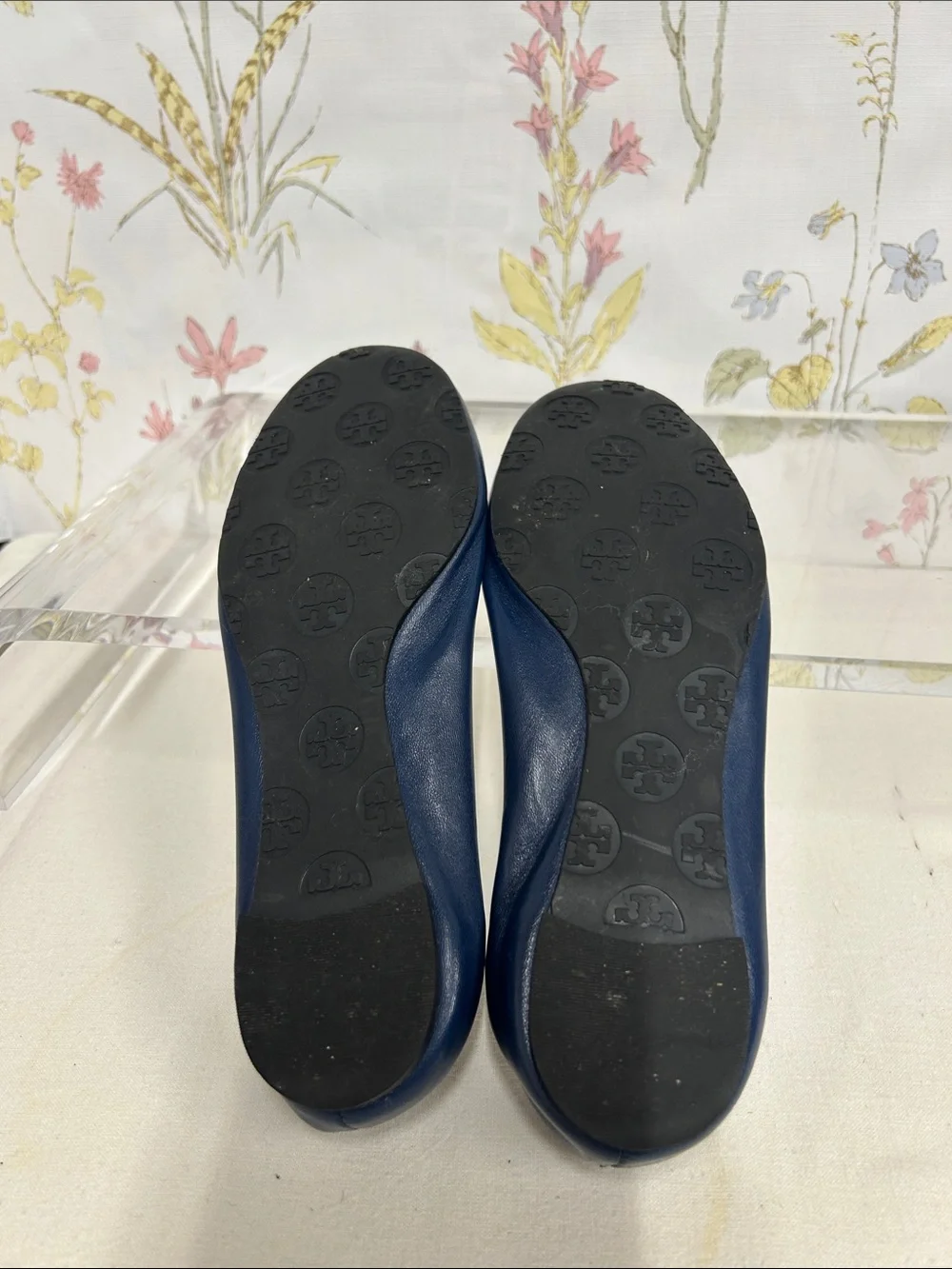 Tory Burch Navy Leather Ballet Flats with Gold Logo Medallions